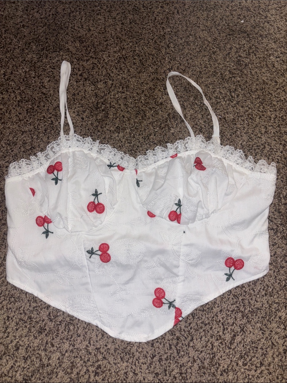 SHEIN White Lace Cherry Embroidered Bustier Crop Top